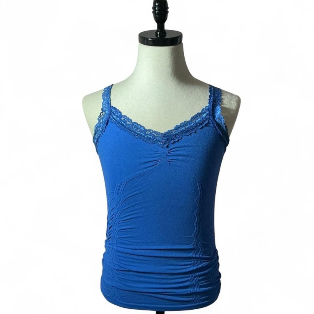 Y2K Royal Blue Lace Trim Cami Tank Top Sleeveless Ruched Shaping Layering